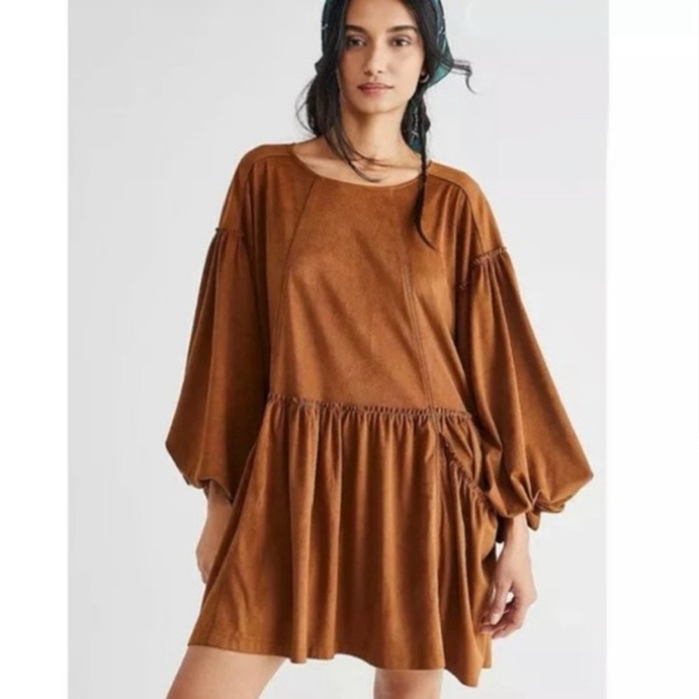 Free People Dress Summer Love Vegan Faux Suede Oversized Brown Dress Pockets XS